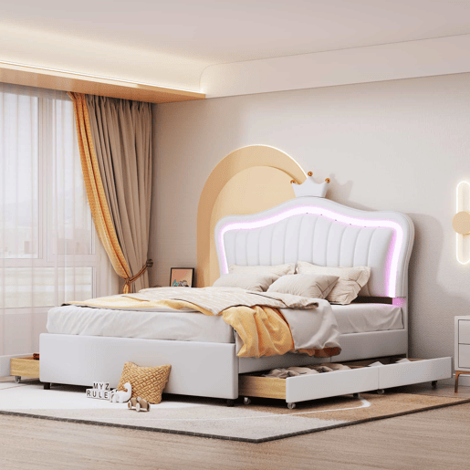 Cama infantil 140x200 cm - Cama individual com design de coroa para meninas, PU, com arrumação, luzes LED, estrado e encosto - Branco