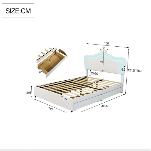 Cama infantil 140x200 cm - Cama individual com design de coroa para meninas, PU, com arrumação, luzes LED, estrado e encosto - Branco