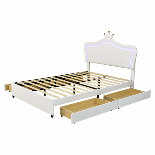 Cama infantil 140x200 cm - Cama individual com design de coroa para meninas, PU, com arrumação, luzes LED, estrado e encosto - Branco