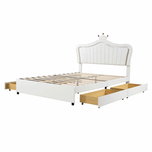 Cama infantil 140x200 cm - Cama individual com design de coroa para meninas, PU, com arrumação, luzes LED, estrado e encosto - Branco