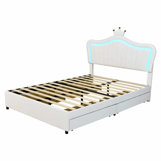 Cama infantil 140x200 cm - Cama individual com design de coroa para meninas, PU, com arrumação, luzes LED, estrado e encosto - Branco