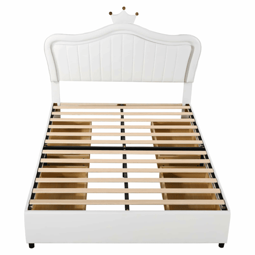 Cama infantil 140x200 cm - Cama individual com design de coroa para meninas, PU, com arrumação, luzes LED, estrado e encosto - Branco