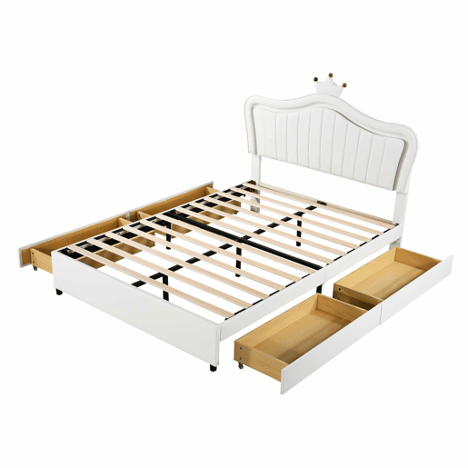 Cama infantil 140x200 cm - Cama individual com design de coroa para meninas, PU, com arrumação, luzes LED, estrado e encosto - Branco