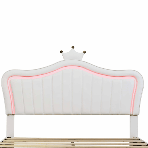 Cama infantil 140x200 cm - Cama individual com design de coroa para meninas, PU, com arrumação, luzes LED, estrado e encosto - Branco