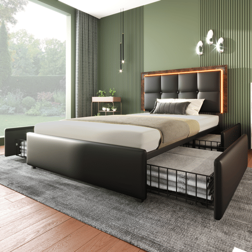 Cama estofada 90x200 - Com iluminação LED e 4 gavetas, cabeceira ajustável, cama funcional - PU Preto
