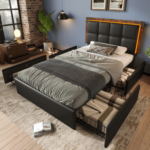 Cama estofada 90x200 - Com iluminação LED e 4 gavetas, cabeceira ajustável, cama funcional - PU Preto