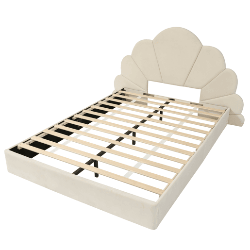 Cama de casal 140x200 - cabeceira com pétalas curvas, estilo moderno e confortável - Bege