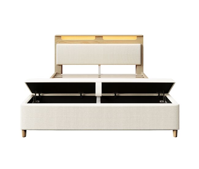 Cama doble 140x200 cm - cabezal con almacenamiento, iluminación led, espalda de cordón beige, con banco de almacenamiento - roble claro