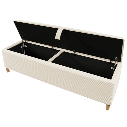 Cama de casal 140x200 cm - Cabeceira com arrumação, iluminação LED, encosto com cordão bege, com banco de arrumação - Carvalho claro