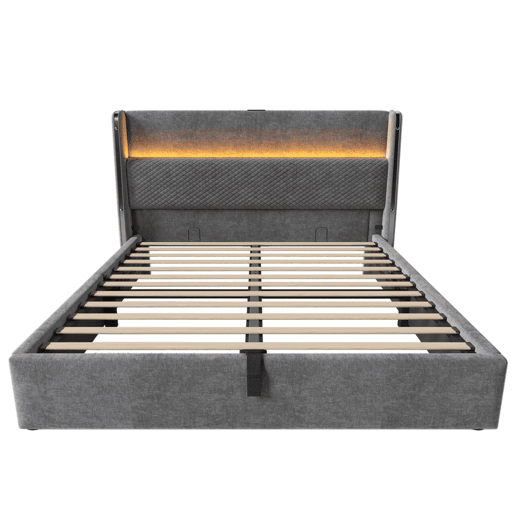Cama hidráulica 140x200 cm - Com LED, armazenamento, portas USBType-C - Cinza