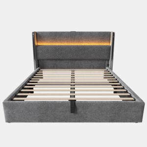 Cama hidráulica 140x200 cm - Com LED, armazenamento, portas USBType-C - Cinza