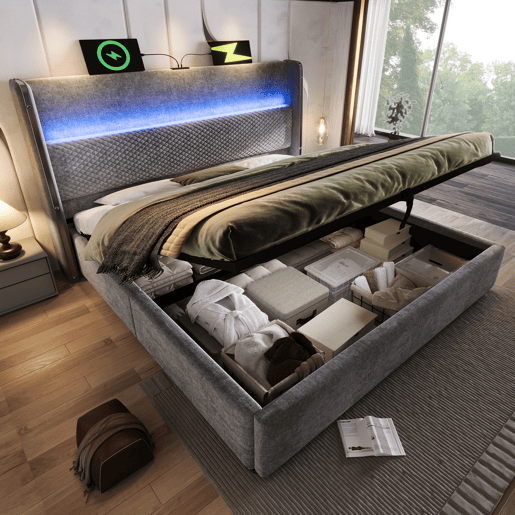 Cama hidráulica 140x200 cm - Com LED, armazenamento, portas USBType-C - Cinza