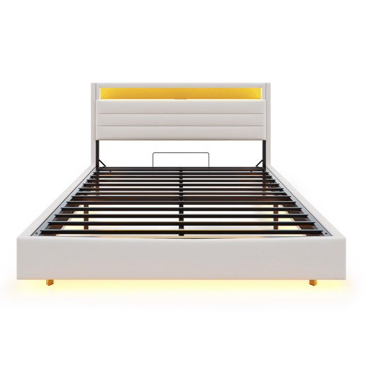 Cama estofada 160x200 cm - Estrutura flutuante hidráulica com arrumação, USB e LED, cabeceira reversível - Bege