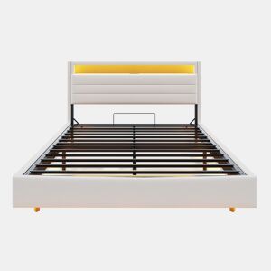 Cama estofada 160x200 cm - Estrutura flutuante hidráulica com arrumação, USB e LED, cabeceira reversível - Bege