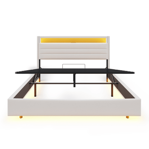 Cama estofada 160x200 cm - Estrutura flutuante hidráulica com arrumação, USB e LED, cabeceira reversível - Bege