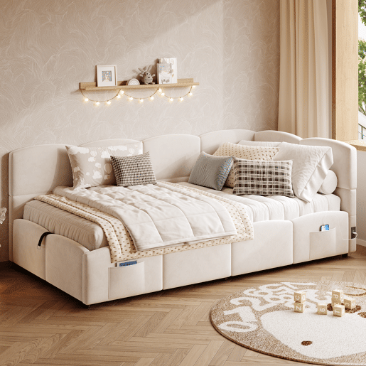 Cama estofada 90x200 cm - Cama infantil, cama individual, cama com arrumação, sofá-cama, bege
