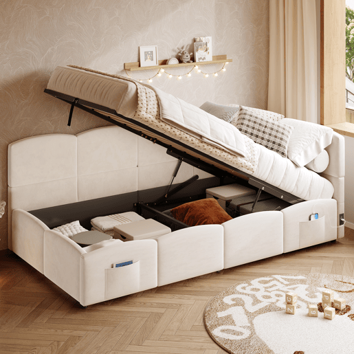 Cama estofada 90x200 cm - Cama infantil, cama individual, cama com arrumação, sofá-cama, bege