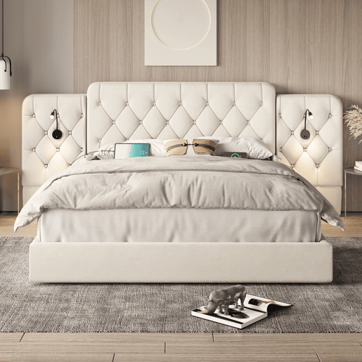 Cama estofada 180x200 cm - Cabeceira longa, várias portas USB, candeeiro de secretária, sistema hidráulico, grande capacidade de arrumação - Bege