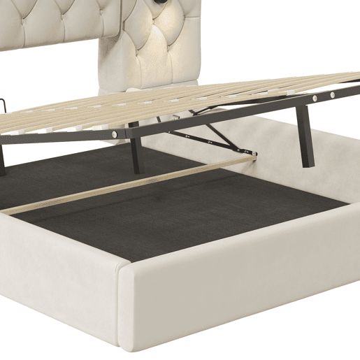 Cama estofada 180x200 cm - Cabeceira longa, várias portas USB, candeeiro de secretária, sistema hidráulico, grande capacidade de arrumação - Bege