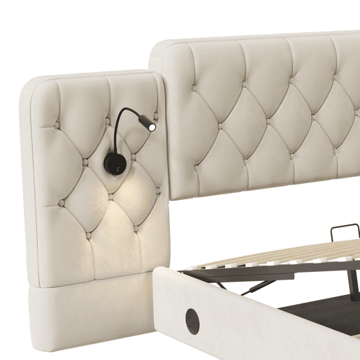Cama estofada 180x200 cm - Cabeceira longa, várias portas USB, candeeiro de secretária, sistema hidráulico, grande capacidade de arrumação - Bege