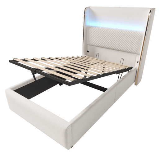 Cama hidráulica individual 90x200 cm - Cabeceira alta, arrumação, LED, portas USBType-C - Bege