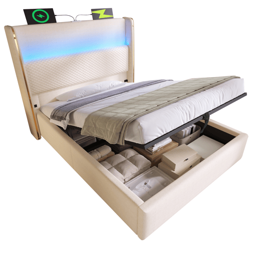 Cama hidráulica individual 90x200 cm - Cabeceira alta, arrumação, LED, portas USBType-C - Bege