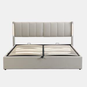 Cama estofada LED 140x190 cm - hidráulica, porta USB, arrumação, cabeceira ajustável - cinzenta