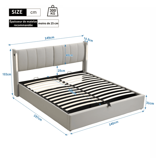 Cama estofada LED 140x190 cm - hidráulica, porta USB, arrumação, cabeceira ajustável - cinzenta