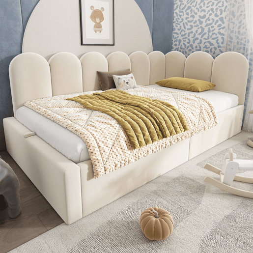 Cama divã 90x200 cm - Sofá-cama com arrumação hidráulica, cama infantil com estrado metálico, veludo - Bege