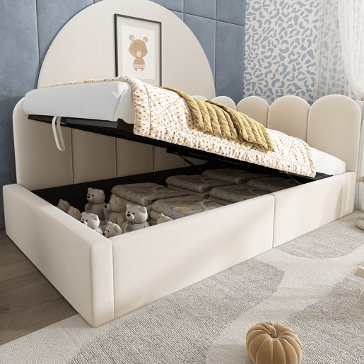 Cama divã 90x200 cm - Sofá-cama com arrumação hidráulica, cama infantil com estrado metálico, veludo - Bege