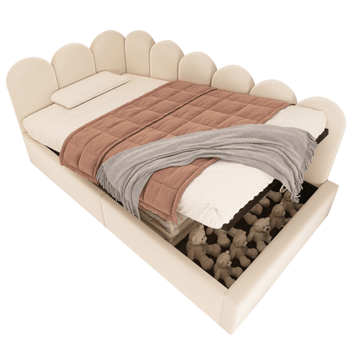 Cama divã 90x200 cm - Sofá-cama com arrumação hidráulica, cama infantil com estrado metálico, veludo - Bege