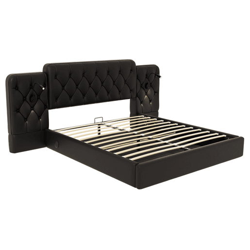 Cama estofada 160x200 cm - Cabeceira longa, várias portas USB, candeeiro de secretária, sistema hidráulico, grande espaço de arrumação - PU preto