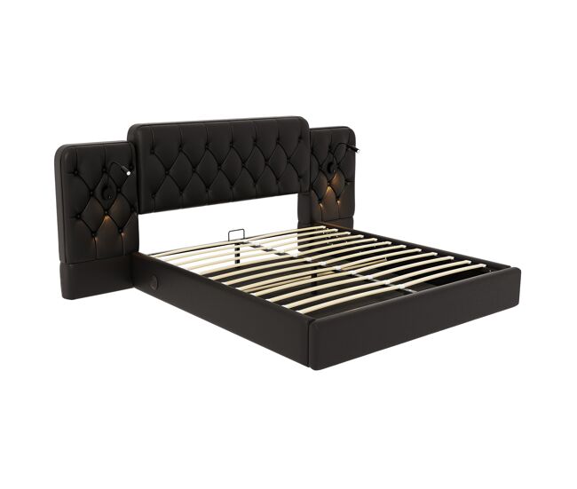 Cama tapizada 160x200 cm - cabecero largo, varios puertos usb, lámpara de escritorio, sistema hidráulico, gran espacio de almacenamiento - negro pu