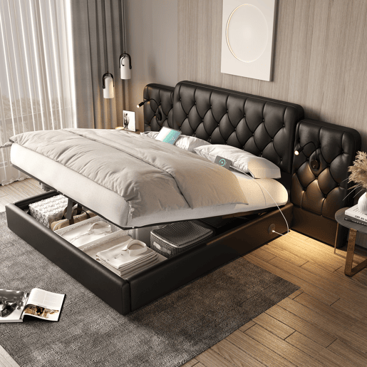 Cama estofada 160x200 cm - Cabeceira longa, várias portas USB, candeeiro de secretária, sistema hidráulico, grande espaço de arrumação - PU preto