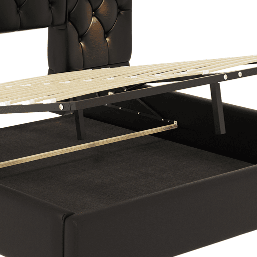 Cama estofada 160x200 cm - Cabeceira longa, várias portas USB, candeeiro de secretária, sistema hidráulico, grande espaço de arrumação - PU preto