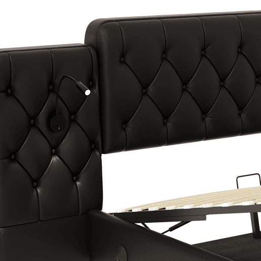 Cama estofada 160x200 cm - Cabeceira longa, várias portas USB, candeeiro de secretária, sistema hidráulico, grande espaço de arrumação - PU preto