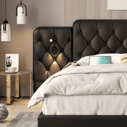 Cama estofada 160x200 cm - Cabeceira longa, várias portas USB, candeeiro de secretária, sistema hidráulico, grande espaço de arrumação - PU preto