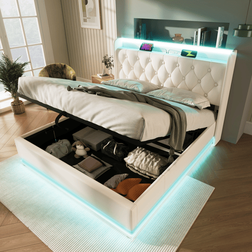 Cama de casal estofada 160*200 - LED 360° Surround, armazenamento hidráulico, cabeceira com USB Tipo-C - Branco PU