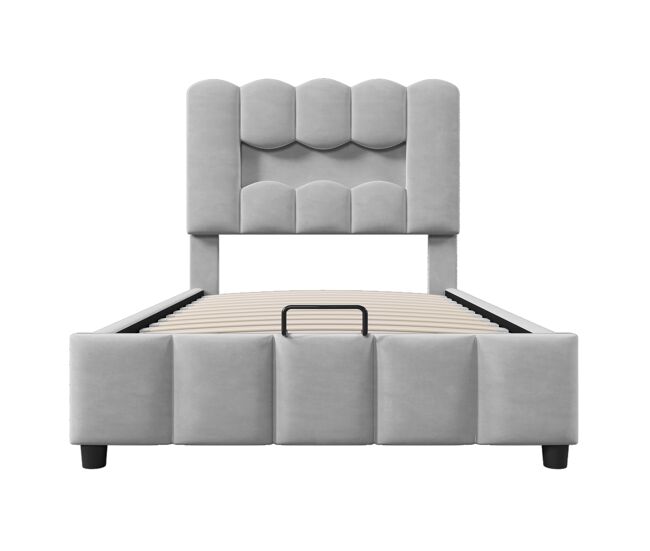 Cama tapizada 90x200 cm - led, hidráulica, cabecera ajustable, sin colchón - gris