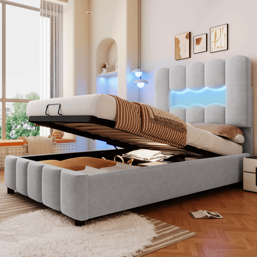 Cama estofada 90x200 cm - LED, hidráulica, cabeceira ajustável, sem colchão - Cinza