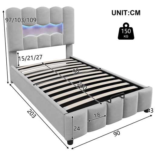 Cama estofada 90x200 cm - LED, hidráulica, cabeceira ajustável, sem colchão - Cinza