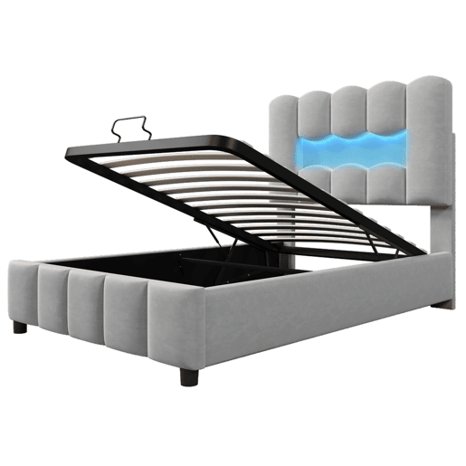 Cama estofada 90x200 cm - LED, hidráulica, cabeceira ajustável, sem colchão - Cinza