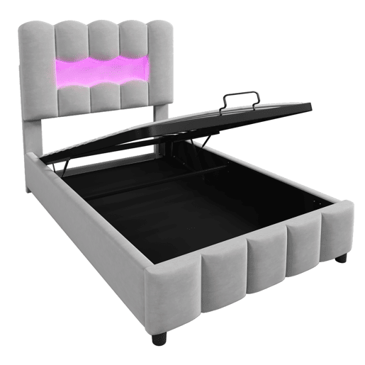 Cama estofada 90x200 cm - LED, hidráulica, cabeceira ajustável, sem colchão - Cinza