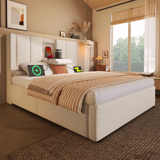 Cama estofada 90x200 cm - Cama individual com porta-copos oculto e estação de carregamento - Bege