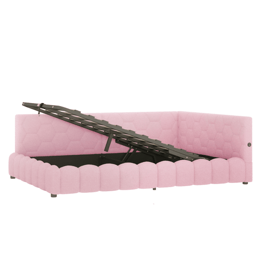Cama de dia 140x200 cm - Sofá-cama, com estrado (sem colchão), com faixa LED, mecanismo hidráulico, porta USB, tipo C, material confortável, imitação de veludo - Rosa