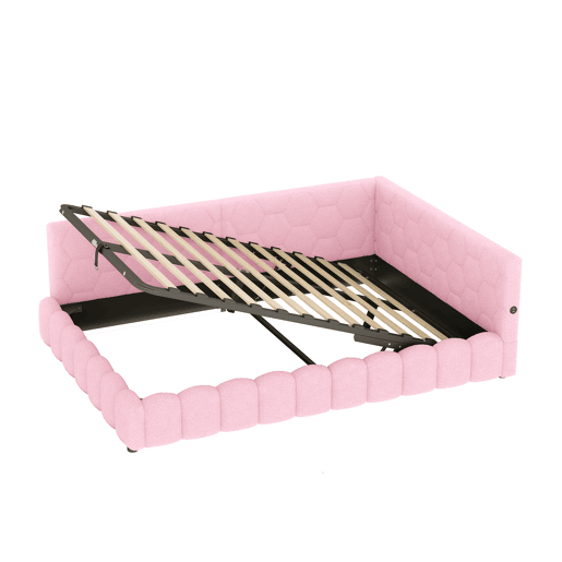Cama de dia 140x200 cm - Sofá-cama, com estrado (sem colchão), com faixa LED, mecanismo hidráulico, porta USB, tipo C, material confortável, imitação de veludo - Rosa