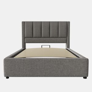 Cama estofada 90x200 cm - Cama individual com suporte oculto para copos e estação de carregamento - Cinza