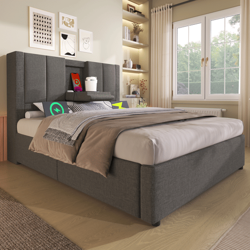Cama estofada 90x200 cm - Cama individual com suporte oculto para copos e estação de carregamento - Cinza