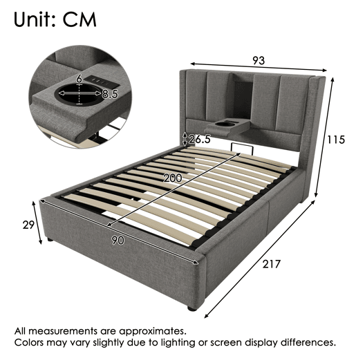 Cama estofada 90x200 cm - Cama individual com suporte oculto para copos e estação de carregamento - Cinza