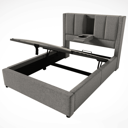 Cama estofada 90x200 cm - Cama individual com suporte oculto para copos e estação de carregamento - Cinza